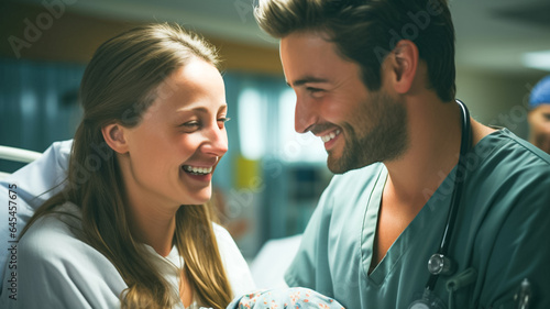 Obstetrician Gives Newborn Baby to a Mother to Hold. Baby and Wife. Medical Health Care, Maternity Hospital and Parenthood Concept.