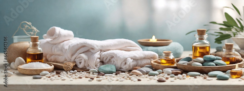 beauty treatment items for spa procedures on white wooden table. copy space