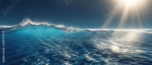 Blue sky and deep blue ocean with sunlight streaming through the water