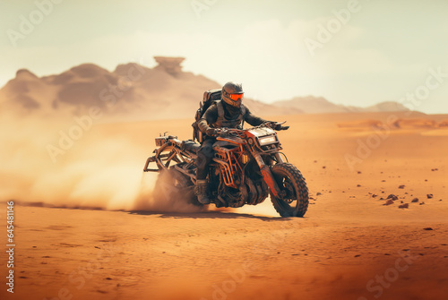 Extreme post-apocalyptic cyberpunk prototype motorcycle Riders racing on sand track, desert in the background. 