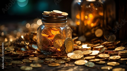 Glass jar with coins. A vintage steampunk-inspired golden coins.