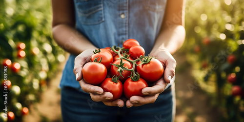 young female farmer in Denim Clothes presenting fresh harvested red juicy tomatoes