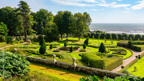 Dunrobin Castle gardens by the sea on the east coast of Scotland, UK.