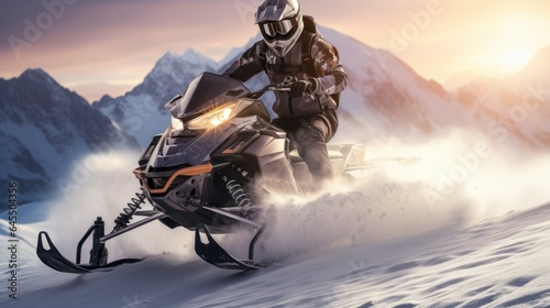 Snowmobile rider performing spectacular jump in beautiful snowy landscape. 