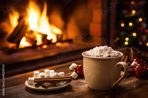 Mug of hot cocoa near a fireplace