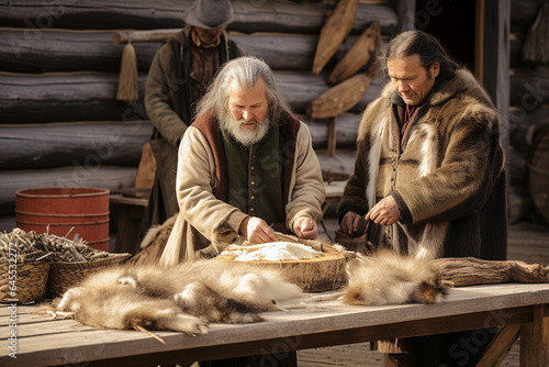 People at work at a fur trading post from the old west. 