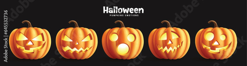 Halloween pumpkins set vector design. Pumpkins collection in scary, spooky and creepy emotions for holiday horror lantern elements. Vector illustration pumpkins halloween collection.