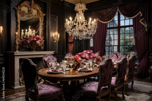 An Opulent Victorian Dining Room with Luxurious Dark Tones and Exquisite Ornamental Accents