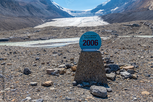 Athabasca Glacier with retreat between 2006 and 2023 due to climate change, Jasper and Banff national park, Icefields parkway, Canada.