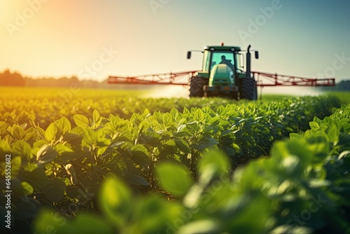 Tractor spraying pesticides fertilizer on soybean crops farm field in spring evening.