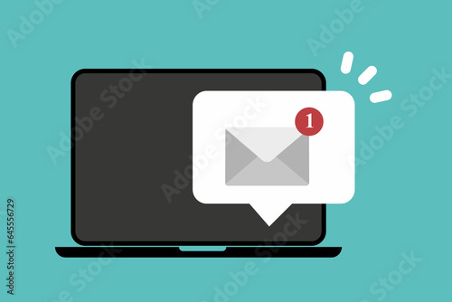 New message on the laptop screen. Unread notification. Online chat. Email messages inbox notification. Envelope with new message. E-mail marketing, internet advertising concept. 