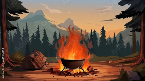 Campfire and pot. Vintage fire camping cooking in cauldron on firewood and flame hand drawn vector illustration, outdoor hot meal cook sketch