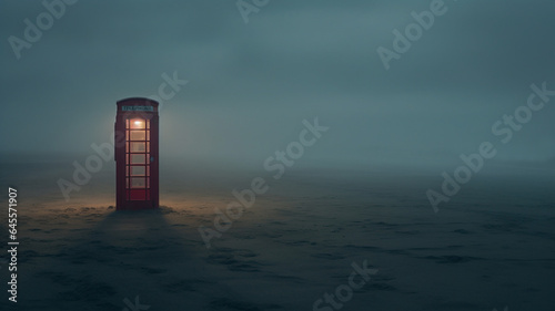 A surreal landscape of a telephone booth situated in a foggy landscape or desert. Haunting. Mysterious graphic asset. Fog and mist.