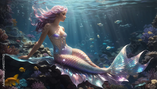 Majestic Mermaid with Iridescent Shiny Scales Underwater