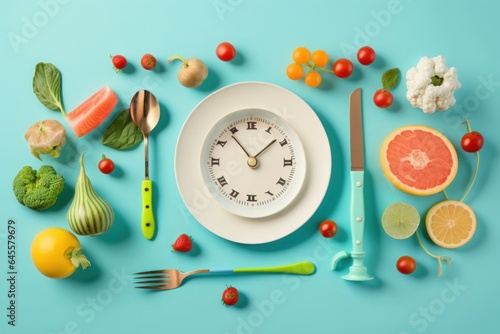 Proper nutrition concept. Top view photo of plate fork knife scales vegetables fruits alarm clock dumbbells and tape measure on isolated pastel blue background with empty space, Generative AI