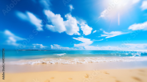 Abstract blur defocused background. Tropical summer beach with golden sand, turquoise ocean and blue sky with white clouds on bright sunny day. Generative AI