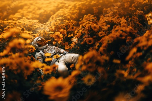 ein Astronaut liegt in einem gelben Blumenfeld, an astronaut lies in a yellow flower field