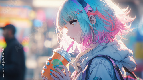 Beautiful young woman sipping on a cold refreshing soda - Generative AI