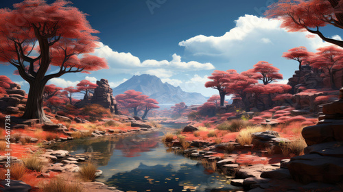 A hyper-realistic fantasy desert in autumn with a central waterhole bordered by round, mossy rocks and trees ready to shed, as the wind carries a cool hint.