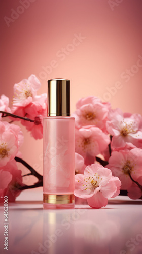 Beauty koncept with cosmetic products, leaves and fresh spring flowers on pastel pink background. Modern spring skin care composition.