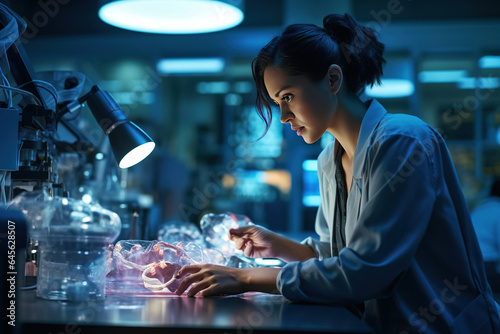 Expert female microbiologist scrutinizes medical samples using modern microscope in a tech-driven lab, driving breakthroughs in healthcare innovation