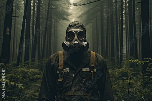 Mężczyzna w kombinezonie ochronnym i masce przeciwgazowej w starym lesie. 