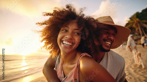 Black couple, travel and beach fun while laughing on sunset nature adventure and summer vacation or honeymoon with a piggy back ride. Comic, energy and black man and woman love on ocean holiday