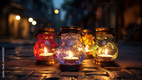 Diwali diya or oil lamp on indian streets festival of lights. Generative Ai
