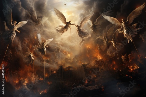 A dramatic battle between angels and demons in a fiery cityscape, with a dark and cloudy sky.