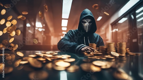 dagerous hacker stealing money inside a server room