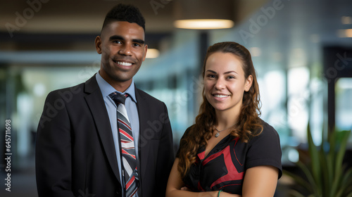 portrait of aboriginal business man with brunette business woman in office representing workplace diversity