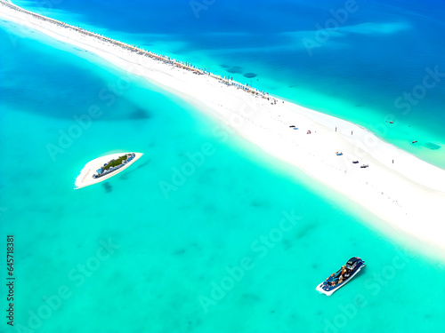 Aerial drone top view of jet skis cruising in turquoise ocean lagoon blue sea. Summer sport recreational outdoor activity, top view
