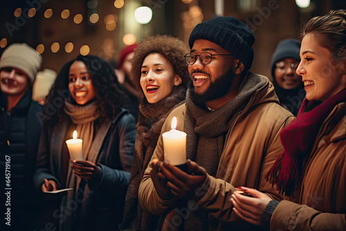 Group of diverse mens and women singing Christmas carols outside in the evening with candles.