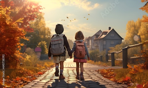 children coming home from school on a road with orange autumn leaves, ai generative