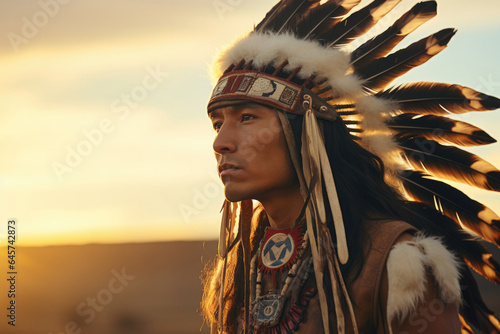 American Indian male chief profile, beautiful feathered headdress, grassland in the background