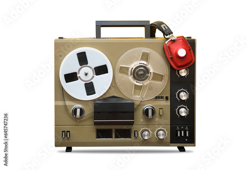 Old reel to reel tape recorder 1970s, 1980s isolated on white background. Vintage recording equipment.