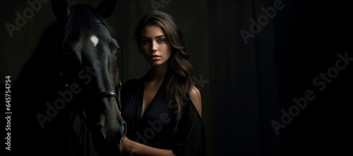 Elegance and Power: A Woman's Connection with Her Majestic Black Horse in Dark Tones. In the Shadows of Elegance