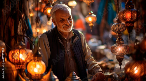 A Portrait of a Muslim Mature Man Adorned with Lanterns at a Sari Market in Morocco, Africa, Ample Copy Space to text