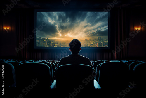 Generative AI technology illustration young student person watching cinema premiere movie have fun