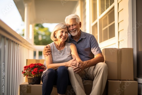 senior couple sitting on their porch, surrounded by moving boxes, downsizing and moving new home