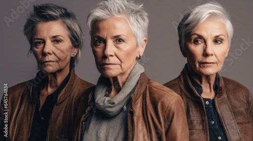 Senior women's anger evident in studio, diverse skin tones, grey hair. Generative AI