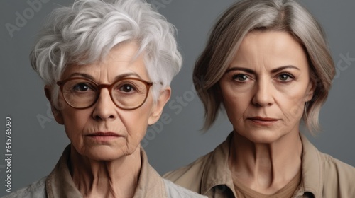 Seniors with anger, different skin tones, stylish grey hair, neutral clothes, studio shot. Generative AI