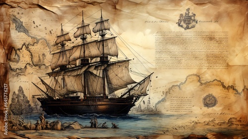 Aged Sailboat, Compass, and Antique Map: Exploring Maritime History. This concept explores the world of sea voyages, discoveries, pirates, sailors, geography, and history