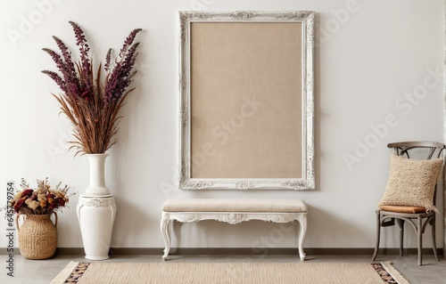 Ornate frame with beige matting on a white wall, with a white bench and plants