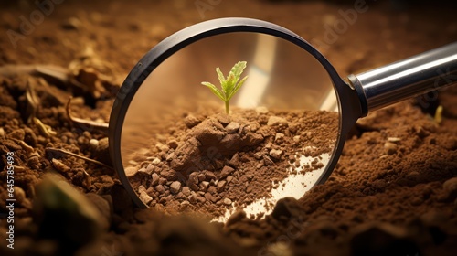 Seedling and dirt under the magnifying glass. Focus on the salt concentration, soil health fertilizer use and sustainable agriculture concept. 