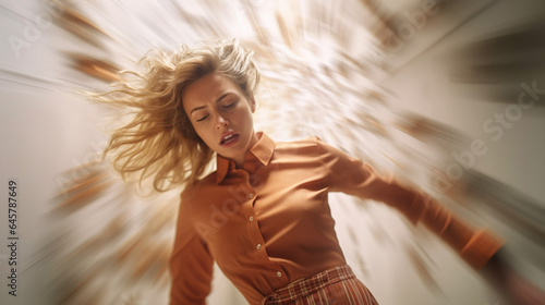 Blonde woman in orange dress suffering from vertigo and nausea