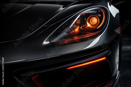 Detail on one of the LED headlights super car on black background, free space on right side for text