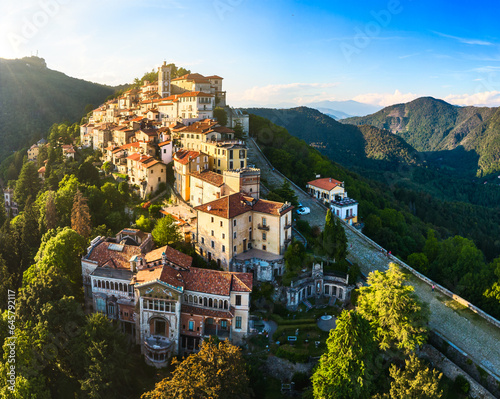 Aerial view of Sacro Monte di Varese during golden hour, Santa Maria del Monte, Varese, Italy