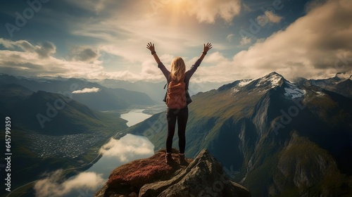 Woman celebrating nature and reaching the summit