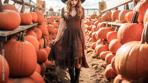 She stands in a prairie dress with cowboy boots, a striking image.